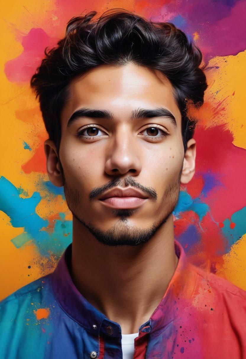 A captivating collage of diverse male portraits, each etched with unique stories. Include facial expressions that convey emotions varying from joy to contemplation, set against an abstract, colorful backdrop. Share visual elements like paint splashes and subtle storytelling symbols, such as books or travel items, intertwining with the portraits. Showcase a harmonious blend of cultures and ages, inviting viewers to embark on a visual adventure. vibrant colors. modern art style.