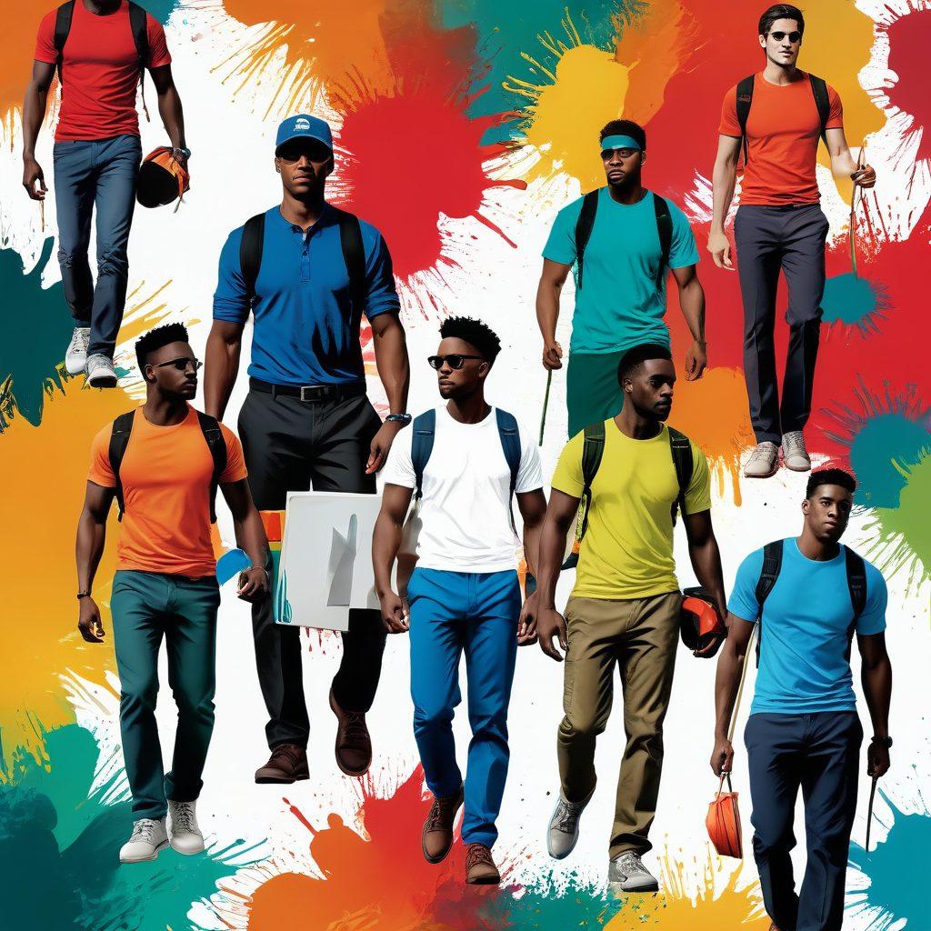 An elegant collage featuring a diverse group of men showcasing various forms of representation, from rugged outdoor adventurers to graceful artists. Incorporate elements of strength and elegance, blending traditional masculinity with modern styles. Use a vibrant color palette to highlight their unique traits and backgrounds. Include symbols of achievement and creativity intertwined in the background. This piece should convey unity and diversity in male representation. 3D. vibrant colors. contemporary art.